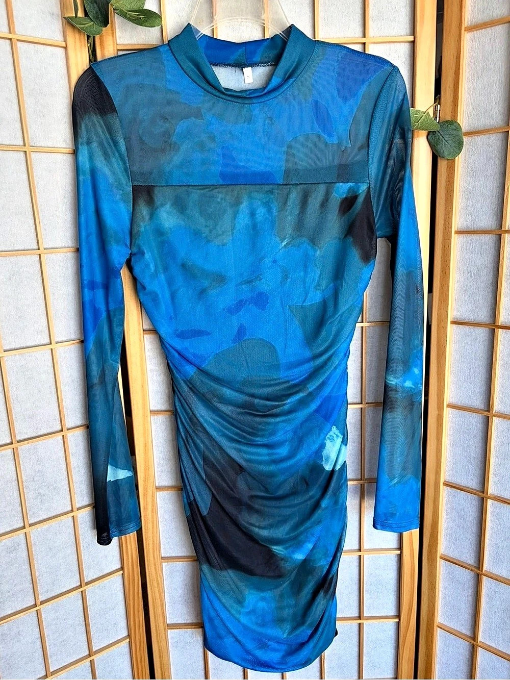 Fashion Blue Abstract Bodycon Dress High Neck Mini Long Sleeve